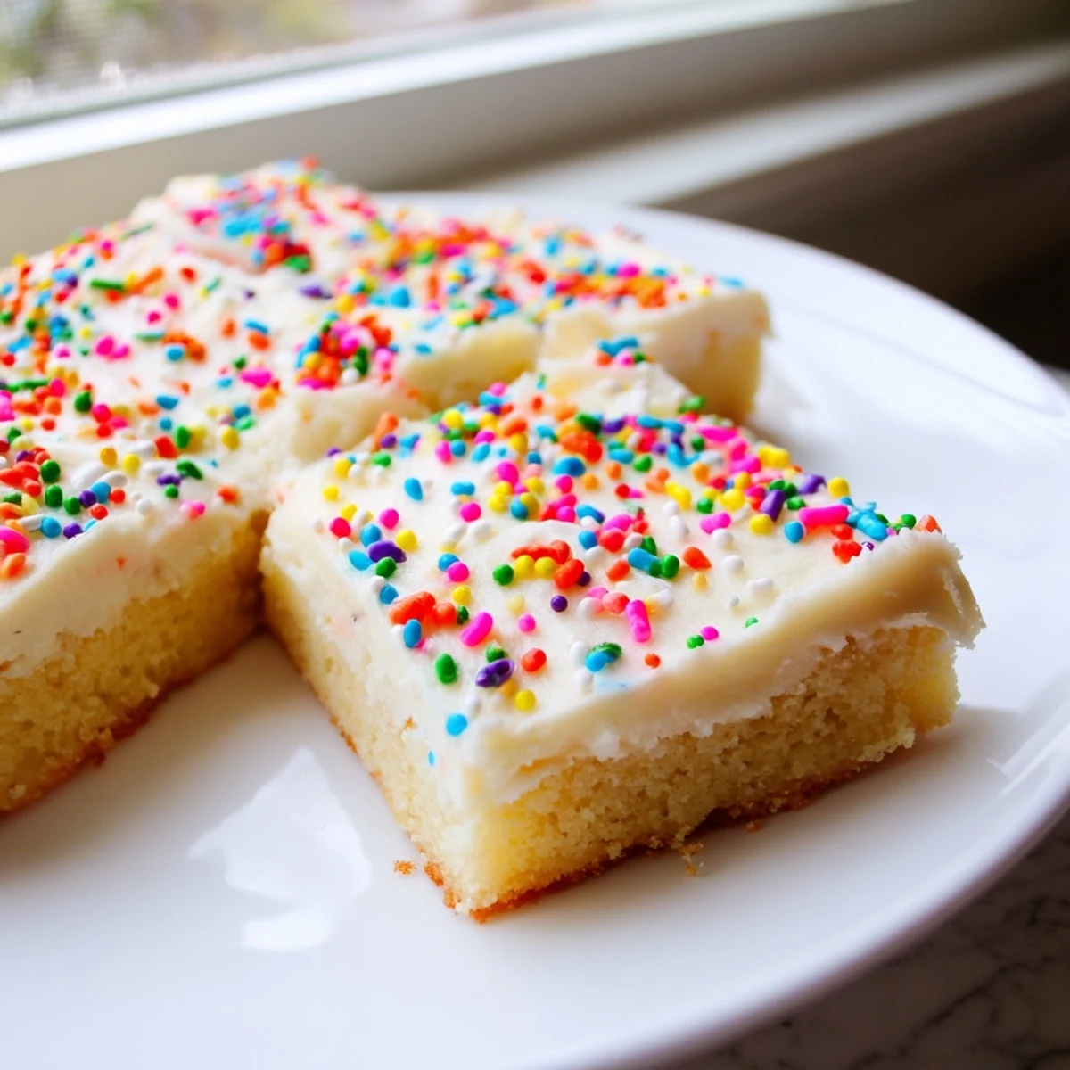 Buttery sugar cookie bars cut into squares with smooth cream cheese frosting and festive rainbow decorations for parties