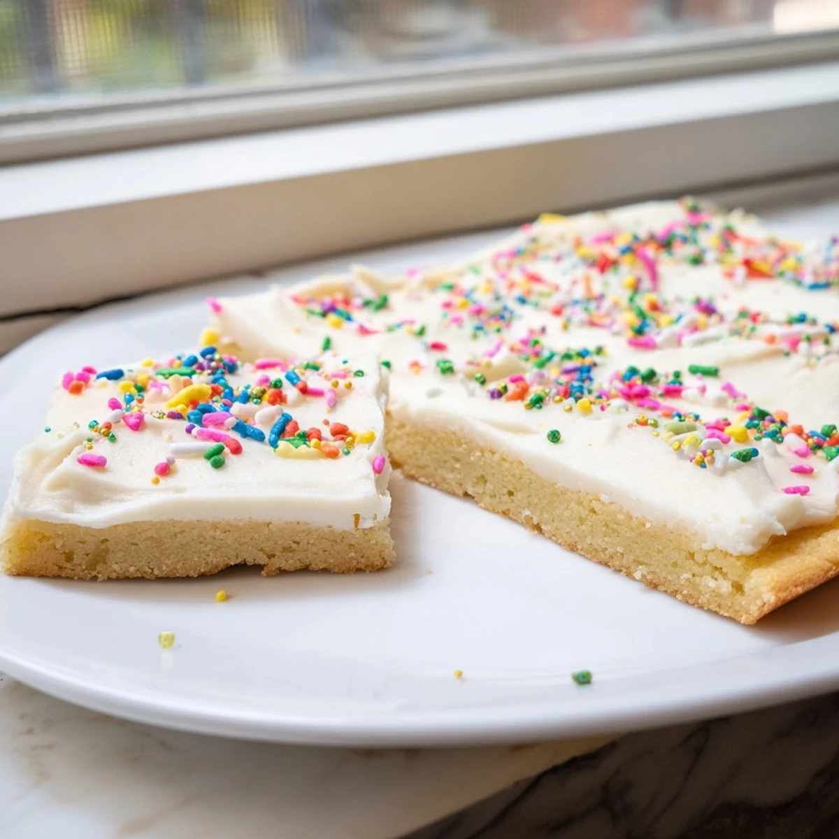 Freshly baked sugar cookie bars with thick creamy vanilla glaze and sprinkled toppings arranged on a decorative platter