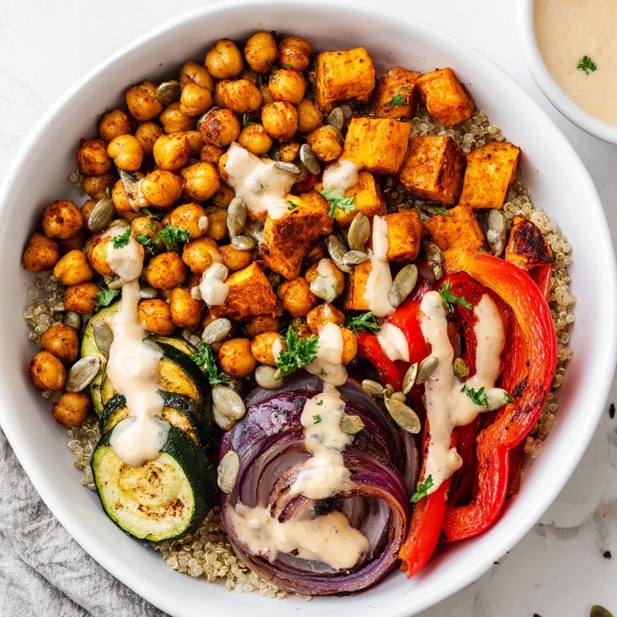 Golden roasted chickpeas and colorful vegetables arranged over fluffy quinoa in a vibrant bowl