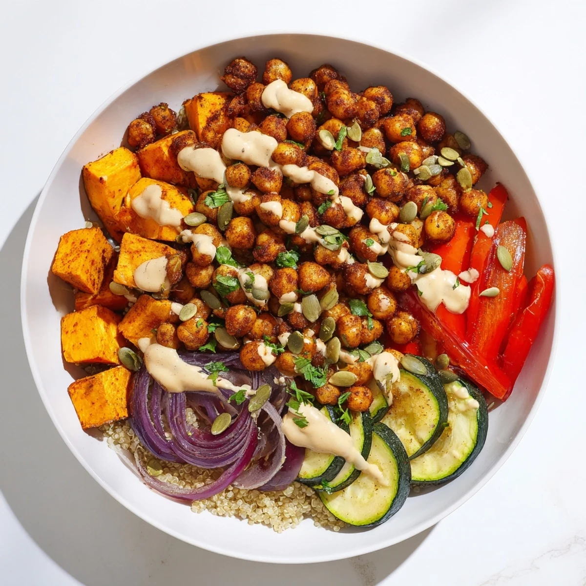 Mediterranean-inspired roasted chickpea and veggie bowl featuring crisp textures and nutty tahini dressing