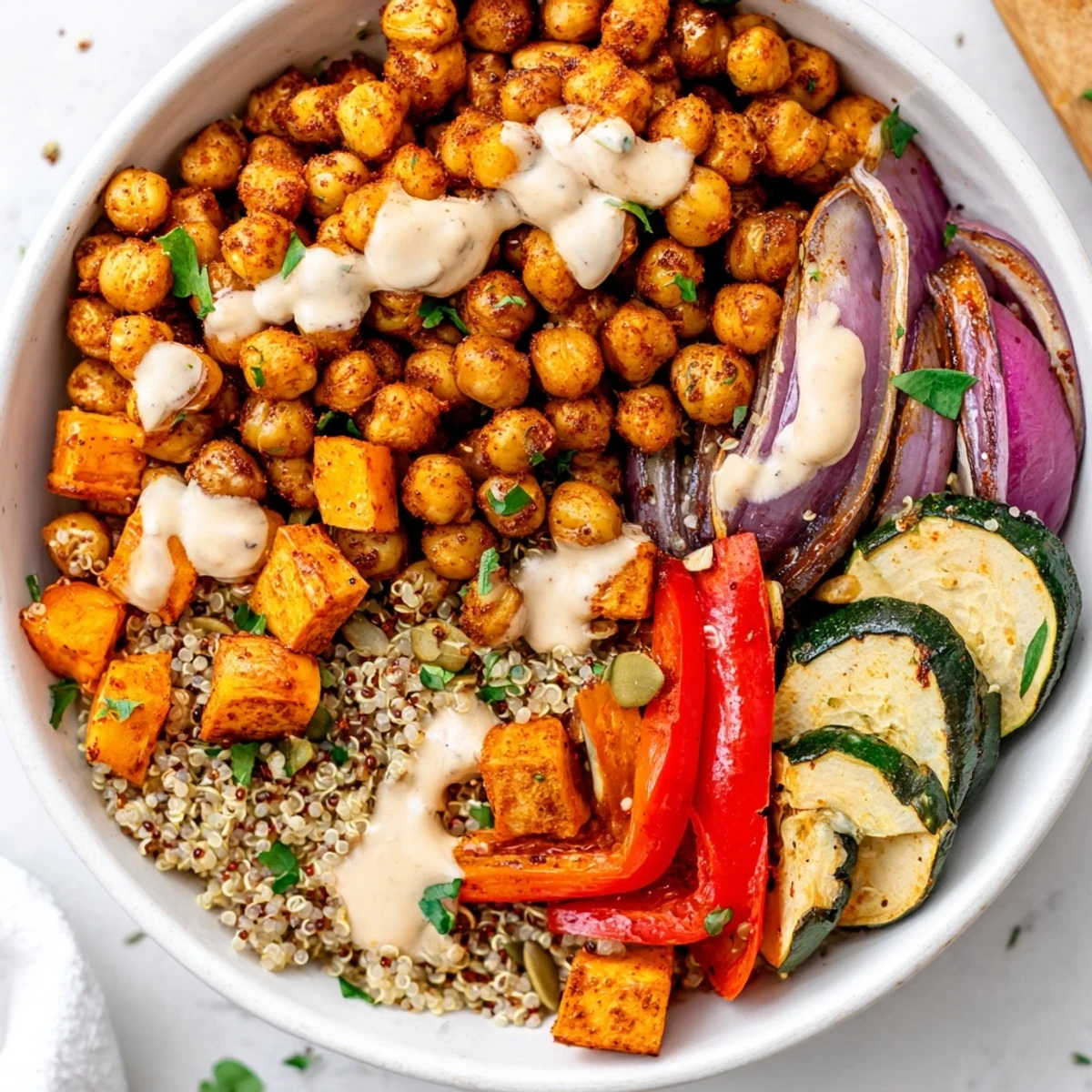 Crispy spiced chickpeas atop tender roasted sweet potatoes and bell peppers with creamy tahini drizzle