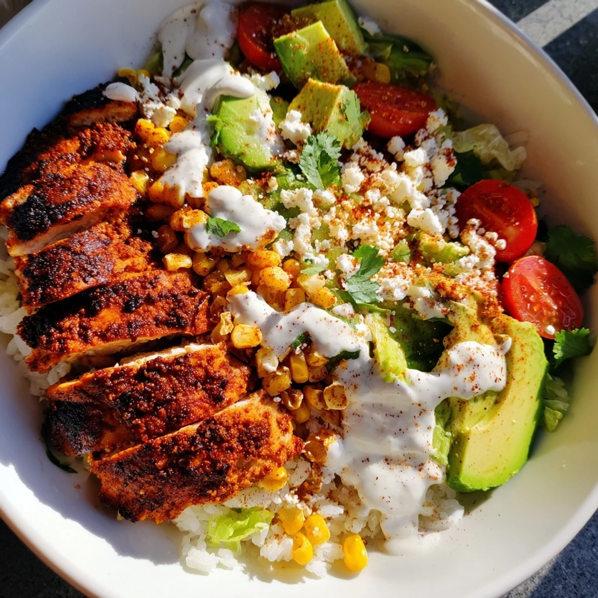 Colorful street corn chicken bowl featuring grilled chicken slices, roasted corn kernels, creamy cotija cheese, and fresh avocado atop fluffy rice.