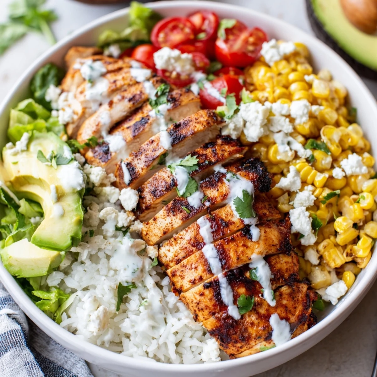 Hearty Mexican-inspired street corn chicken bowl with zesty lime crema drizzled over juicy grilled chicken, charred corn, and crisp romaine lettuce.