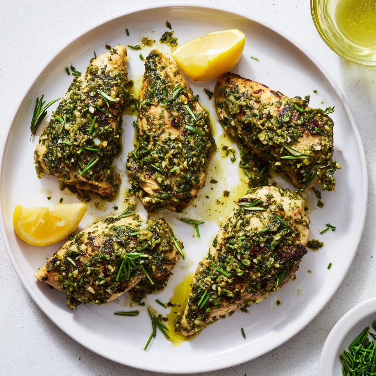 Golden roasted spring garlic herb chicken garnished with fresh chives and lemon wedges on a white serving platter