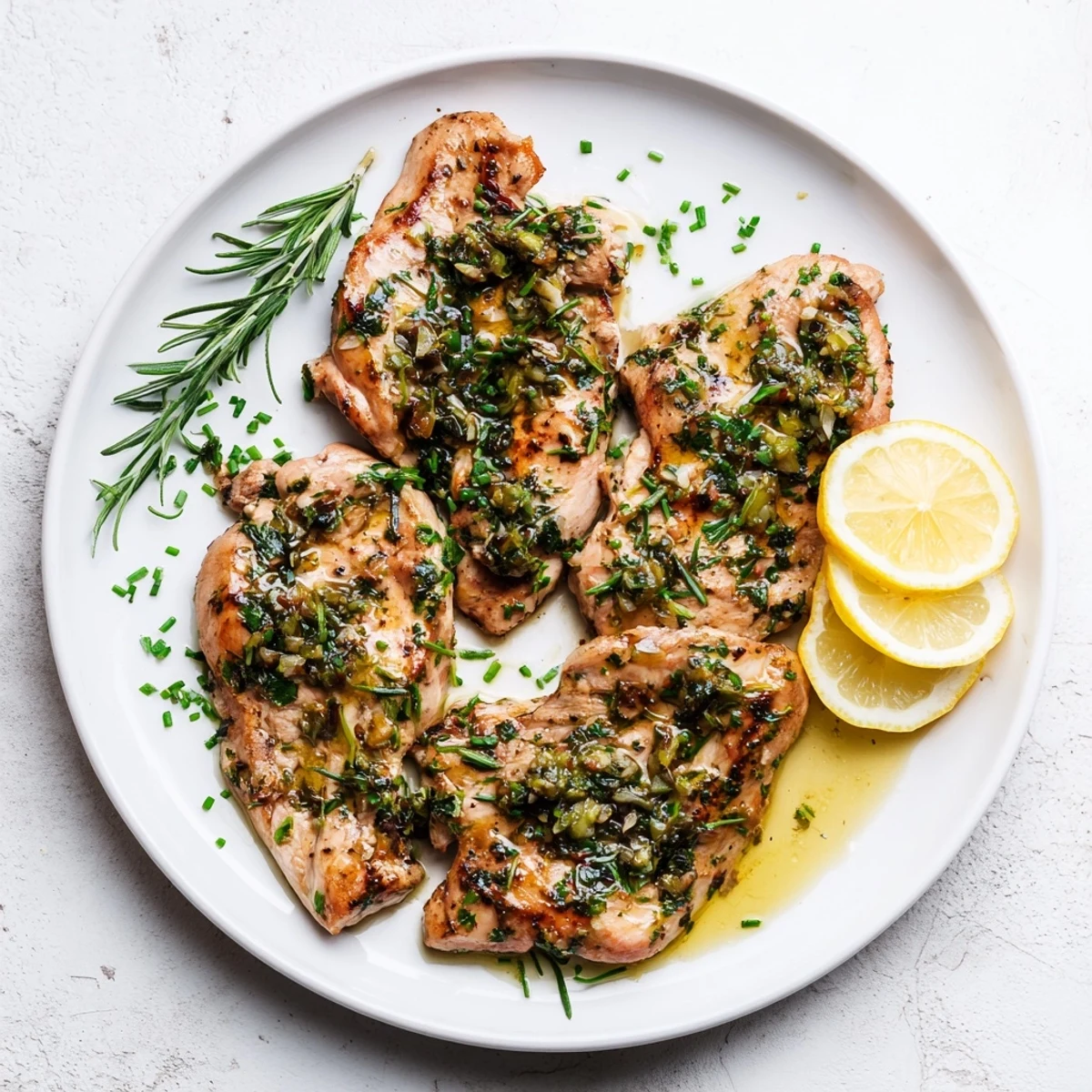 Juicy herb-marinated chicken breasts fresh from the oven, glistening with olive oil and fragrant spring garlic