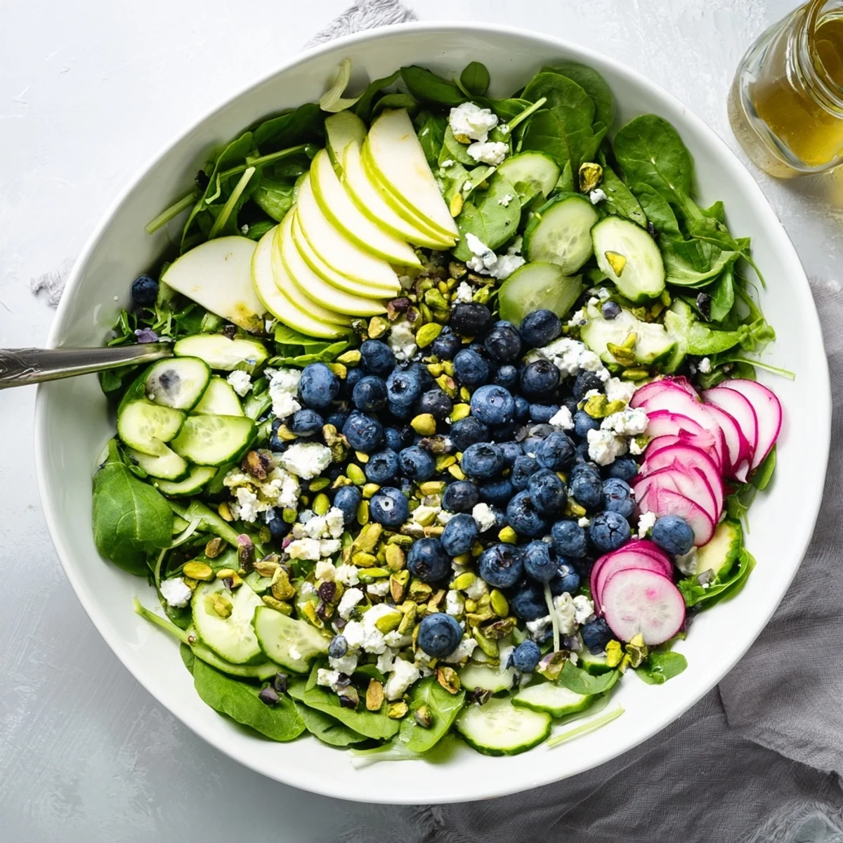 Fresh blueberry pistachio spring salad with crisp spinach, arugula, and crumbled feta in a white bowl
