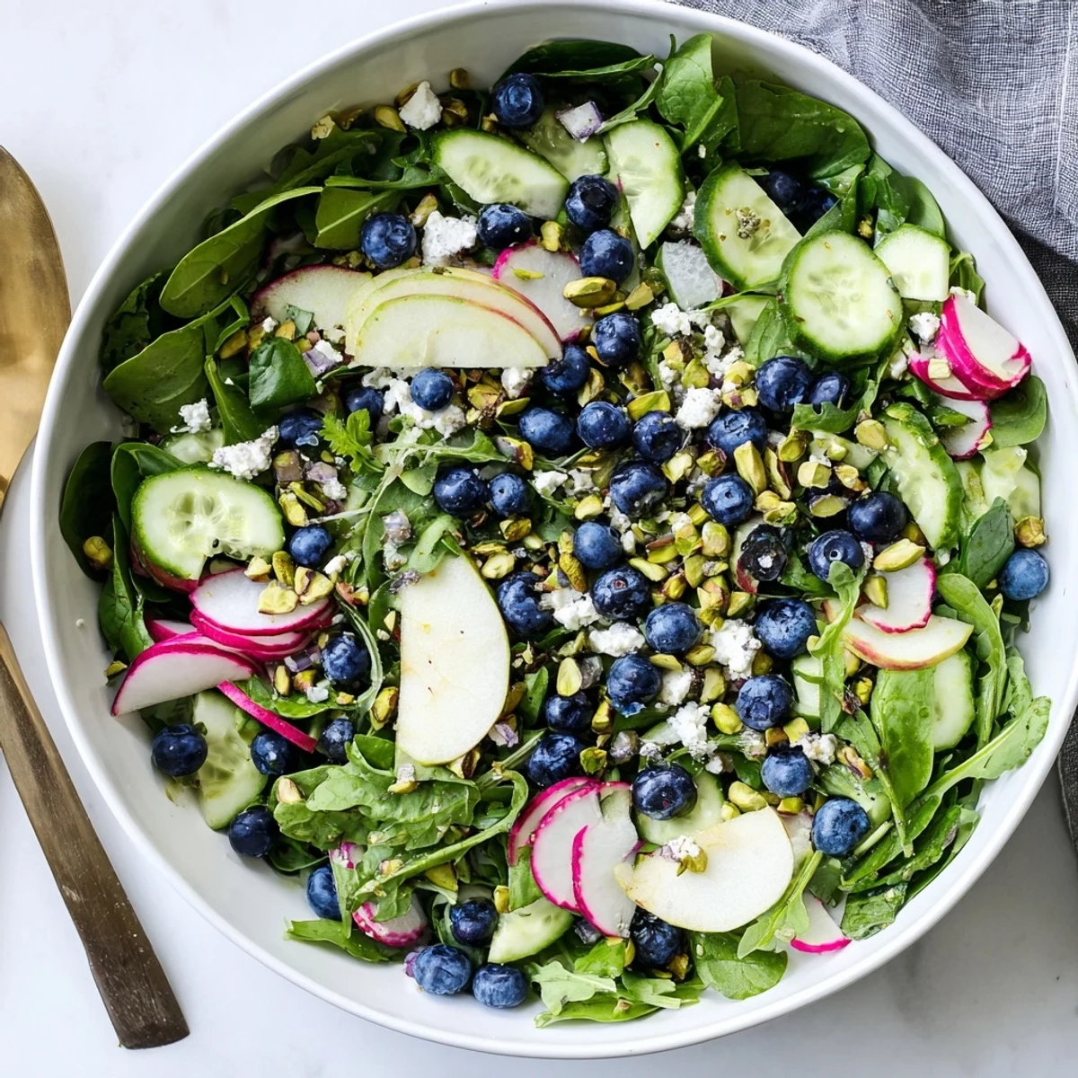 Vibrant blueberry pistachio spring salad featuring sweet berries, crunchy nuts, and tangy feta cheese