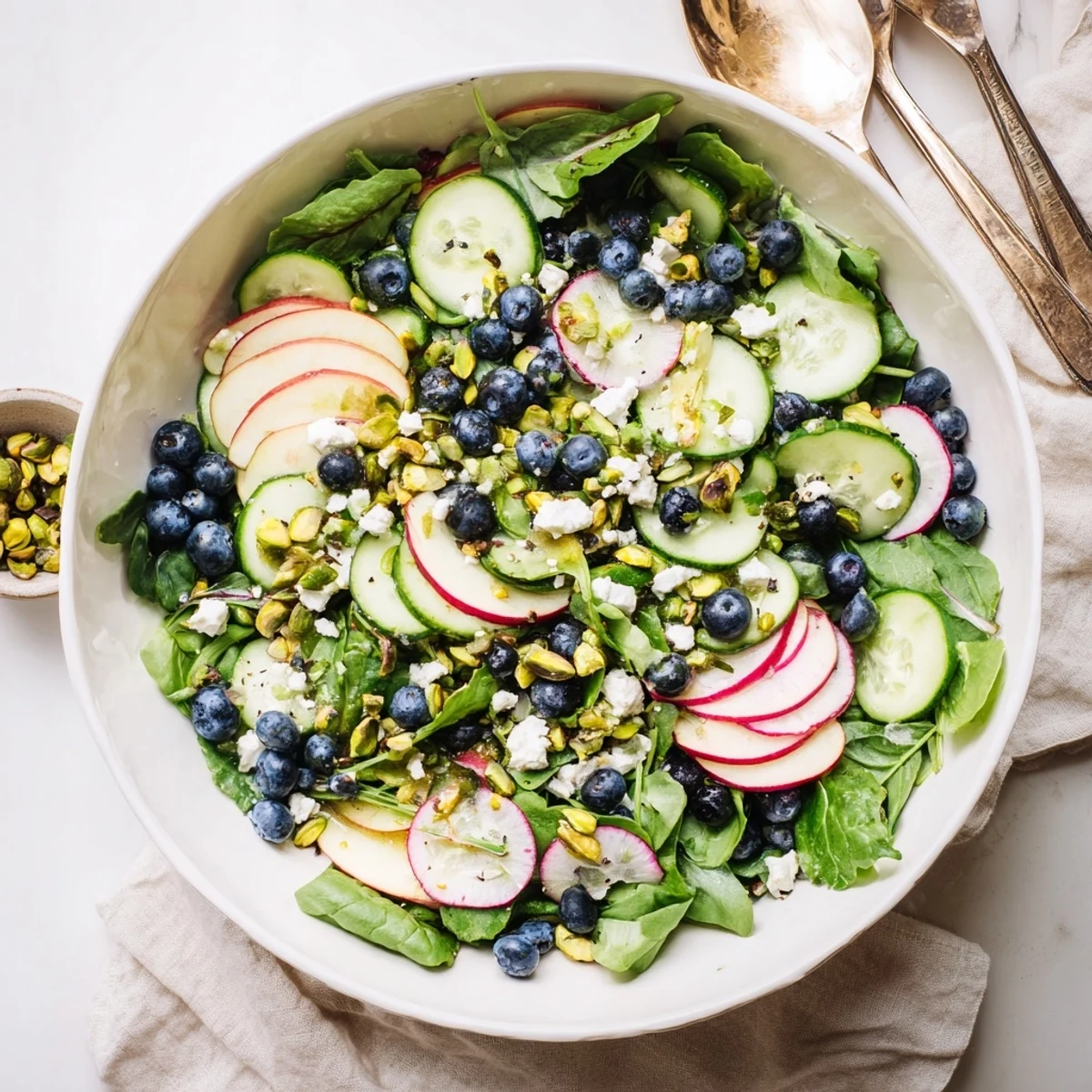 Colorful blueberry pistachio spring salad tossed with lemon dressing, sliced cucumber, and radish rounds