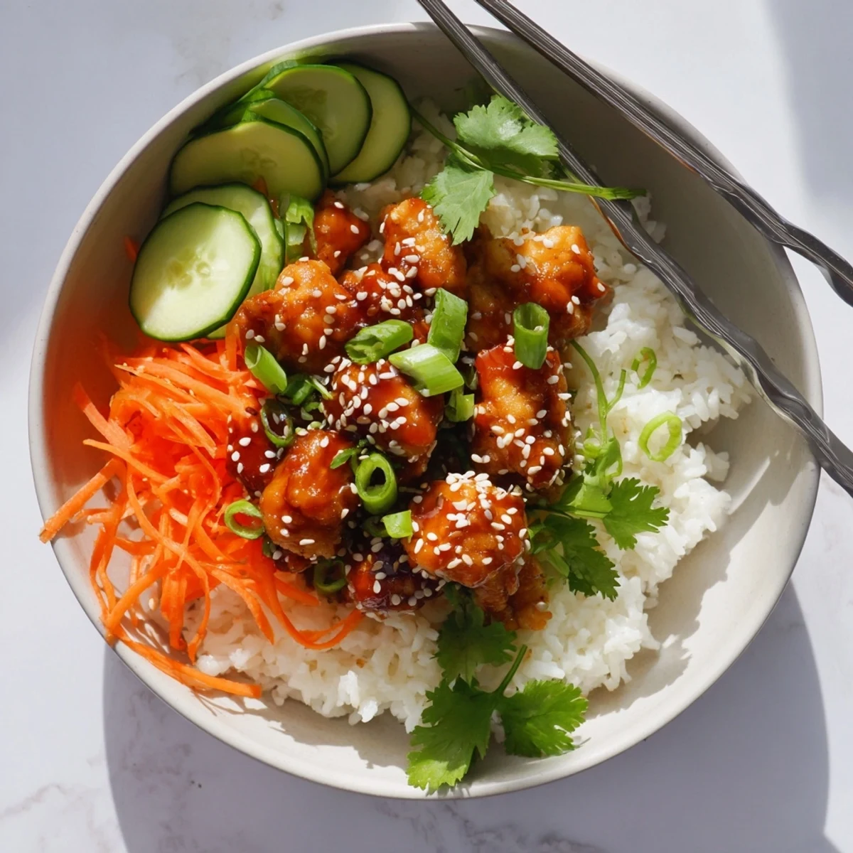 Golden glazed sticky chicken bowls served over fluffy rice with fresh cucumber, carrots, and sesame seed garnish