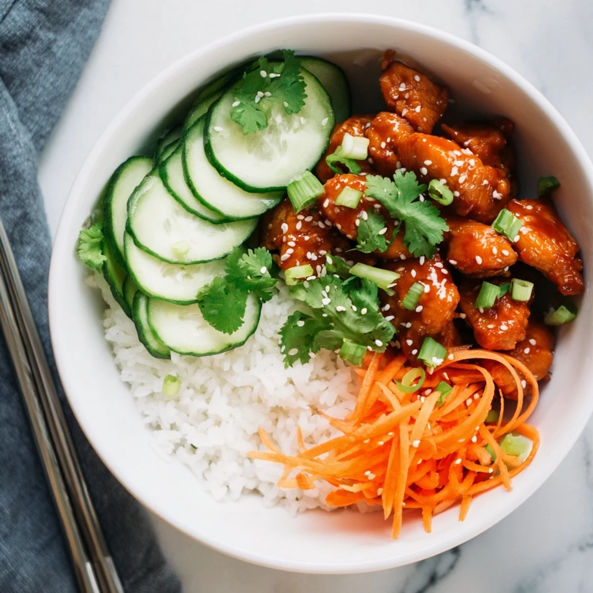 Tender sticky chicken pieces coated in sweet honey garlic sauce arranged in colorful bowl with crisp vegetables
