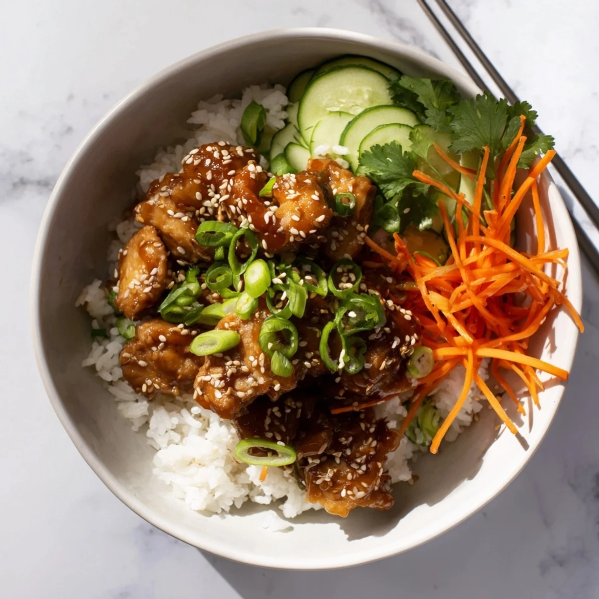 Asian-inspired sticky chicken bowl featuring glossy sauce-coated chicken over rice topped with green onions and shredded carrots