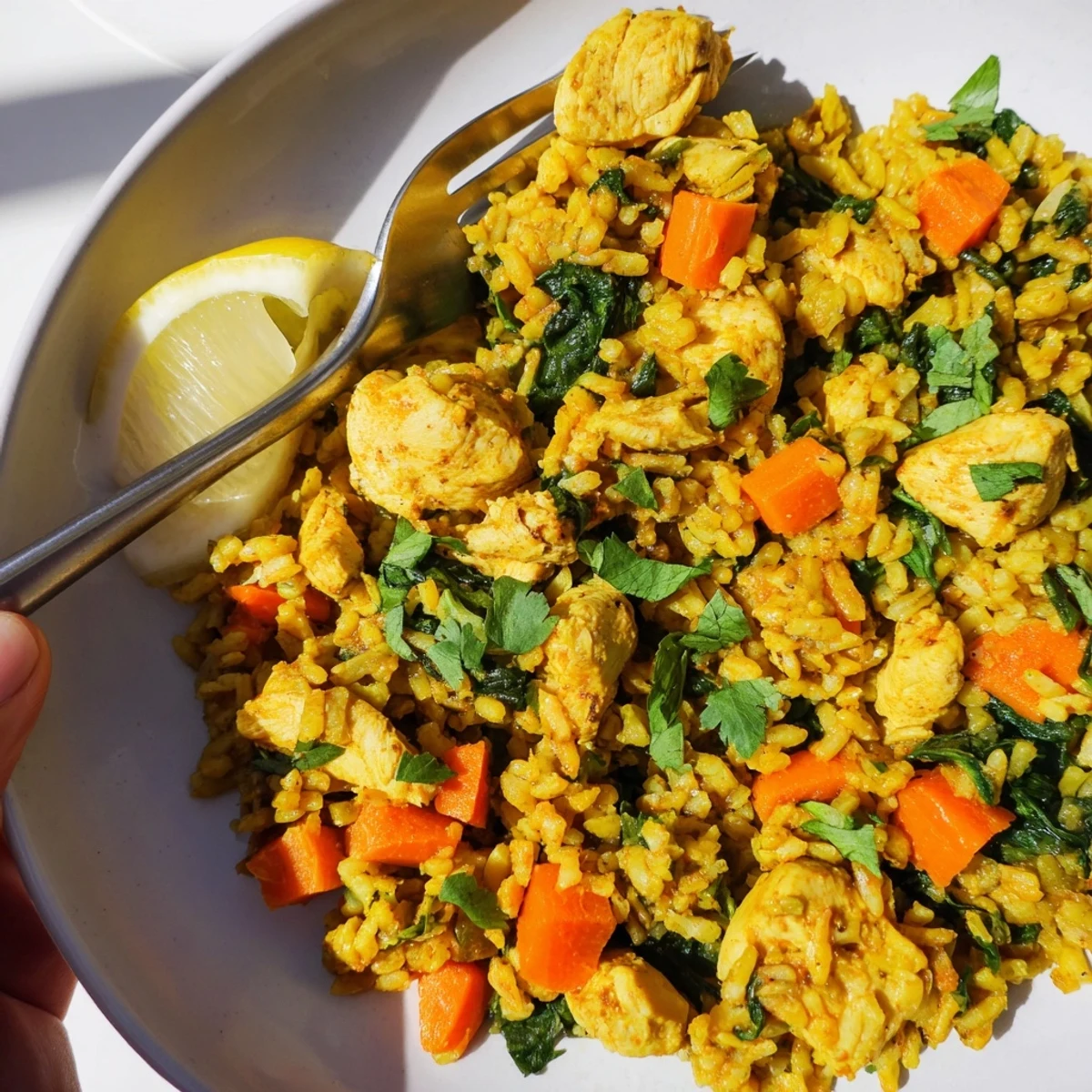 Golden turmeric-infused rice bowl with tender chicken pieces and vibrant green spinach garnish