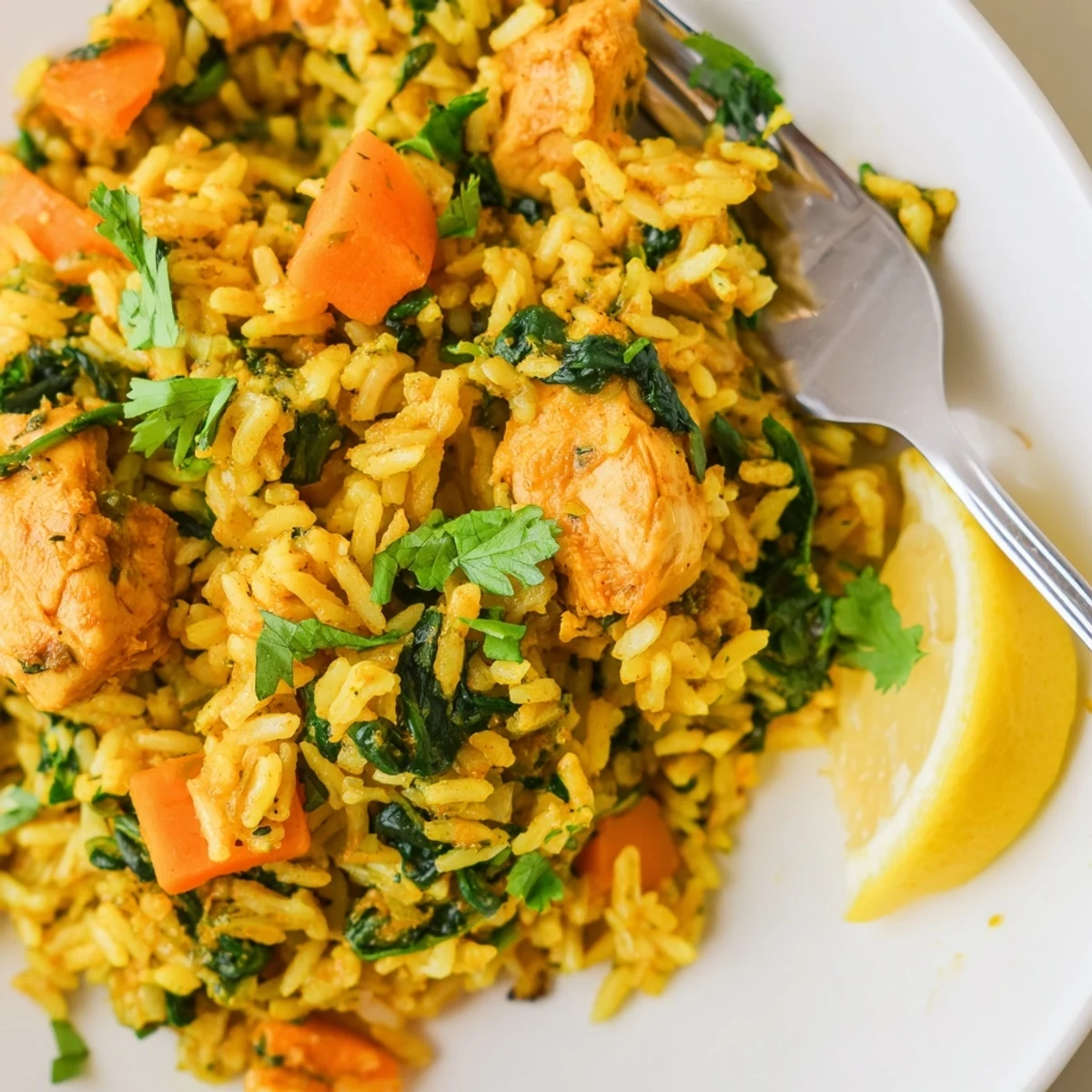 Wholesome anti-inflammatory turmeric chicken rice steaming in a white bowl with fresh cilantro