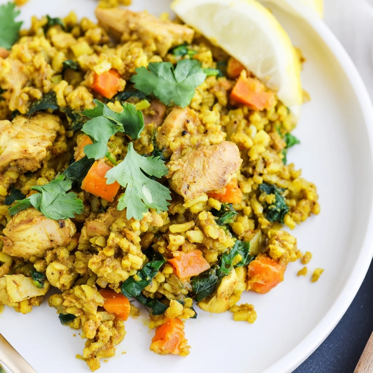 One-pot turmeric chicken rice featuring colorful diced carrots and fluffy spiced grains ready to serve