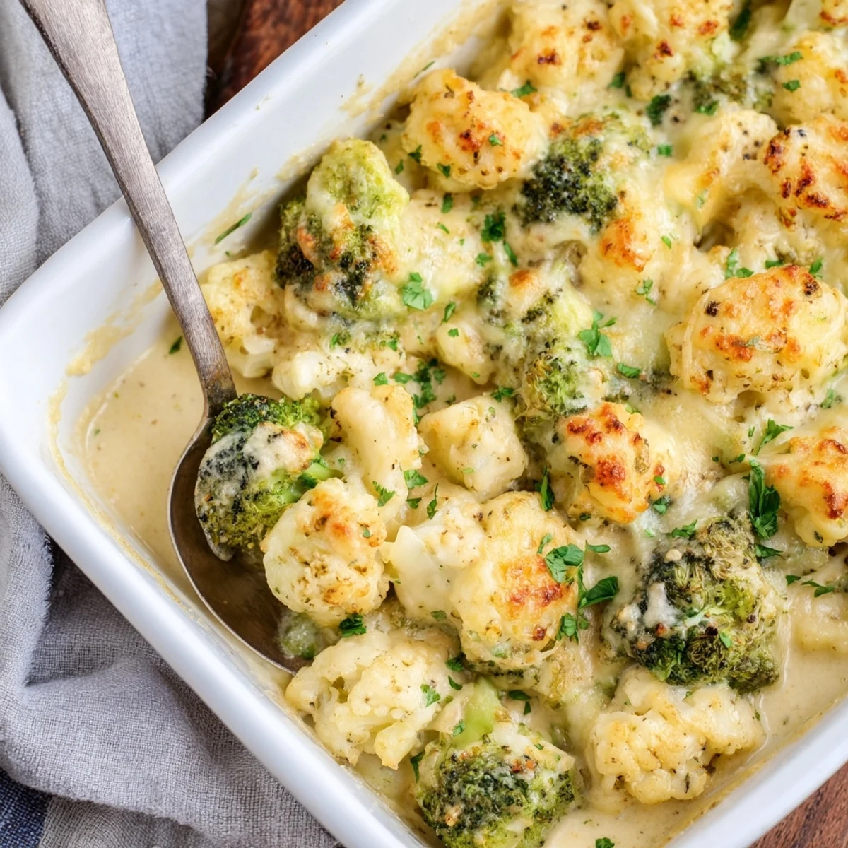 Creamy low-carb broccoli cauliflower casserole featuring melted cheeses and tender roasted vegetables