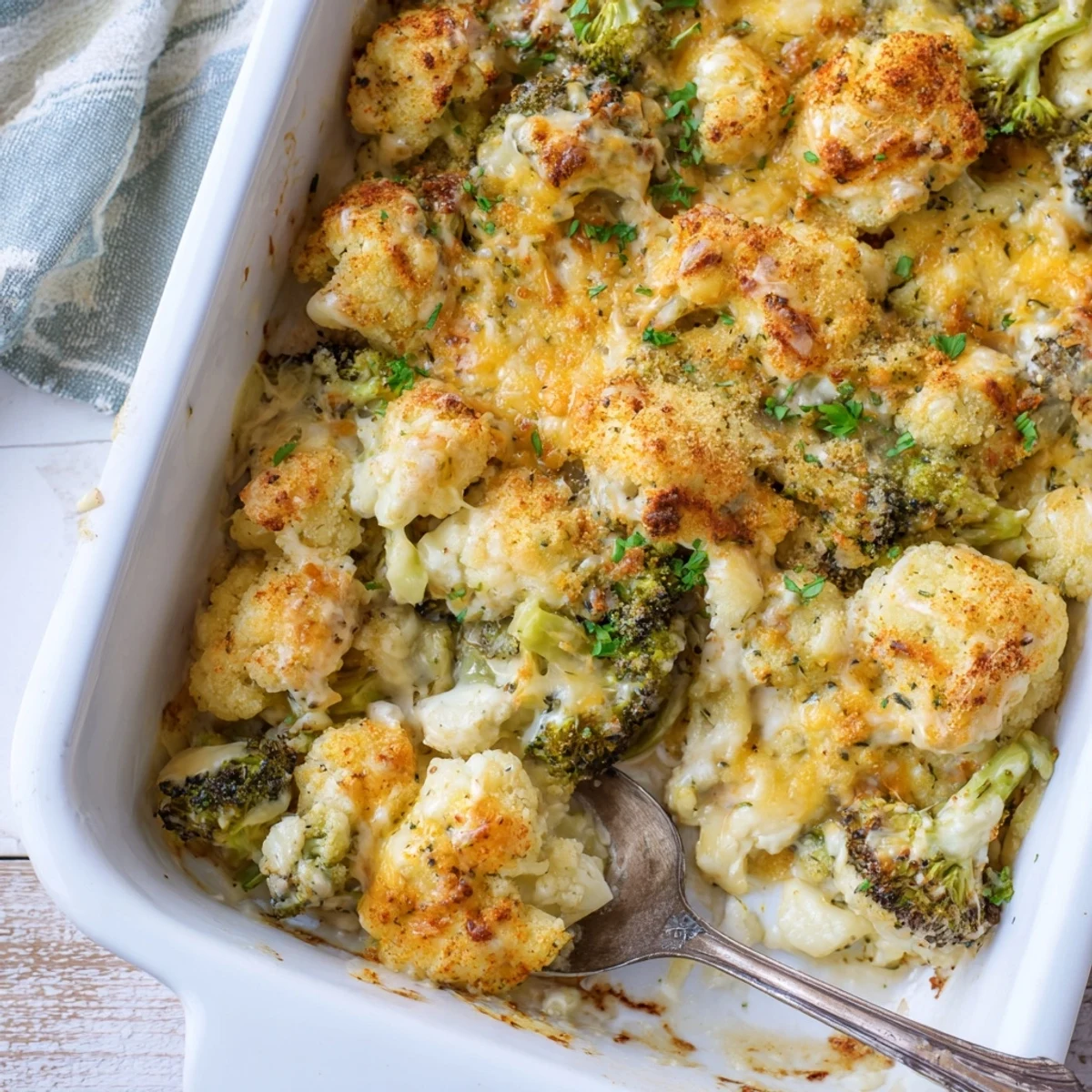 Baked keto broccoli cauliflower dish topped with golden brown cheesy crust and parsley