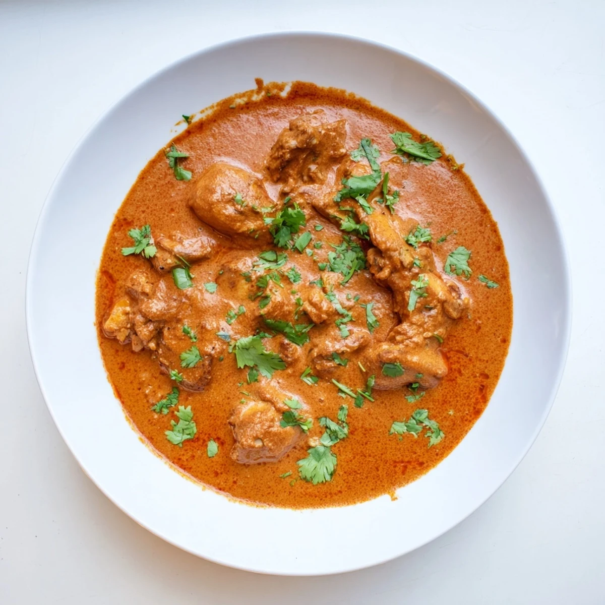 Golden Butter Chicken simmered in rich creamy tomato sauce garnished with fresh cilantro