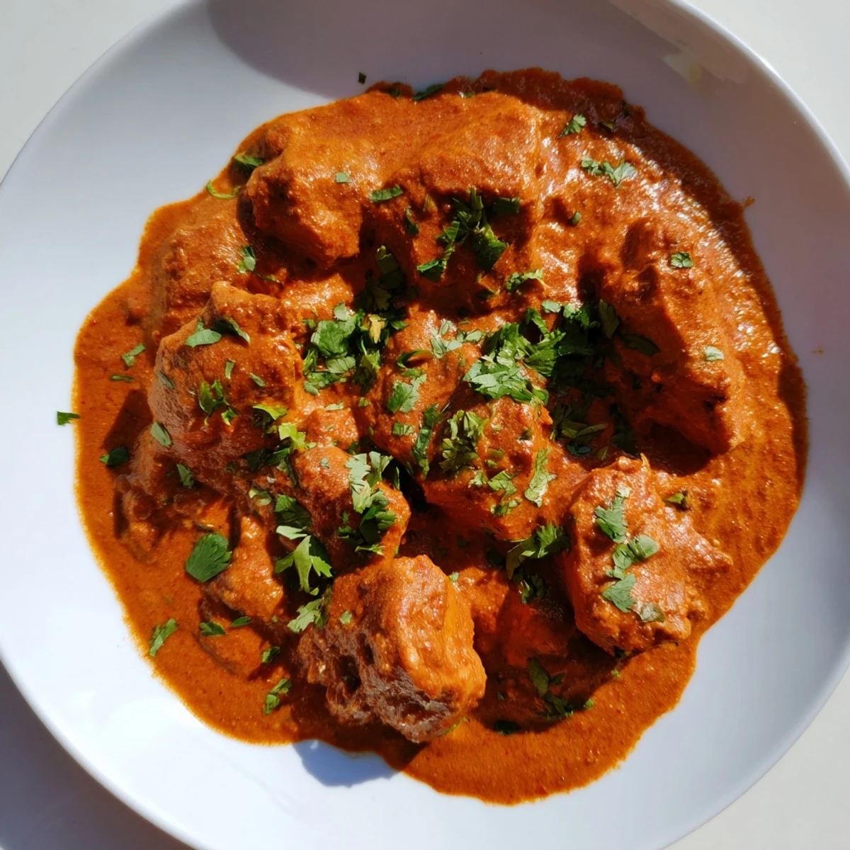 Creamy Indian Butter Chicken curry dish with aromatic spices and tender thigh meat chunks