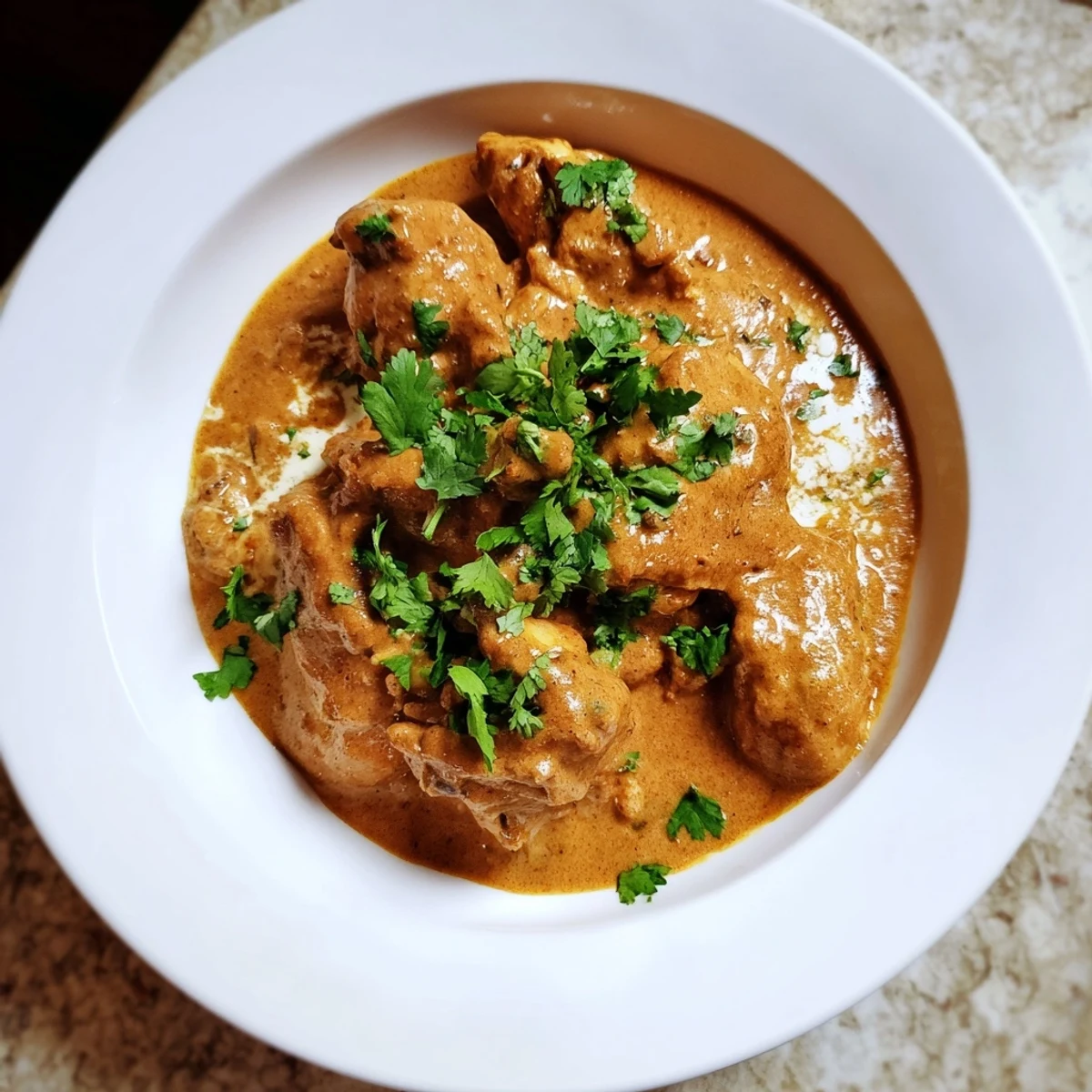 Tender chicken pieces swimming in velvety orange curry sauce served over fluffy white rice