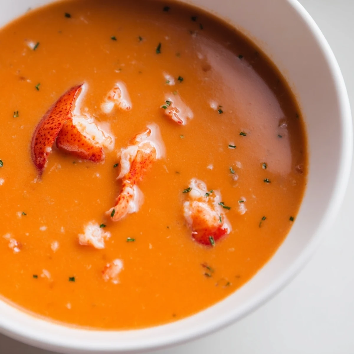 Velvety Gordon Ramsay lobster bisque featuring tender lobster chunks in elegant deep soup bowl