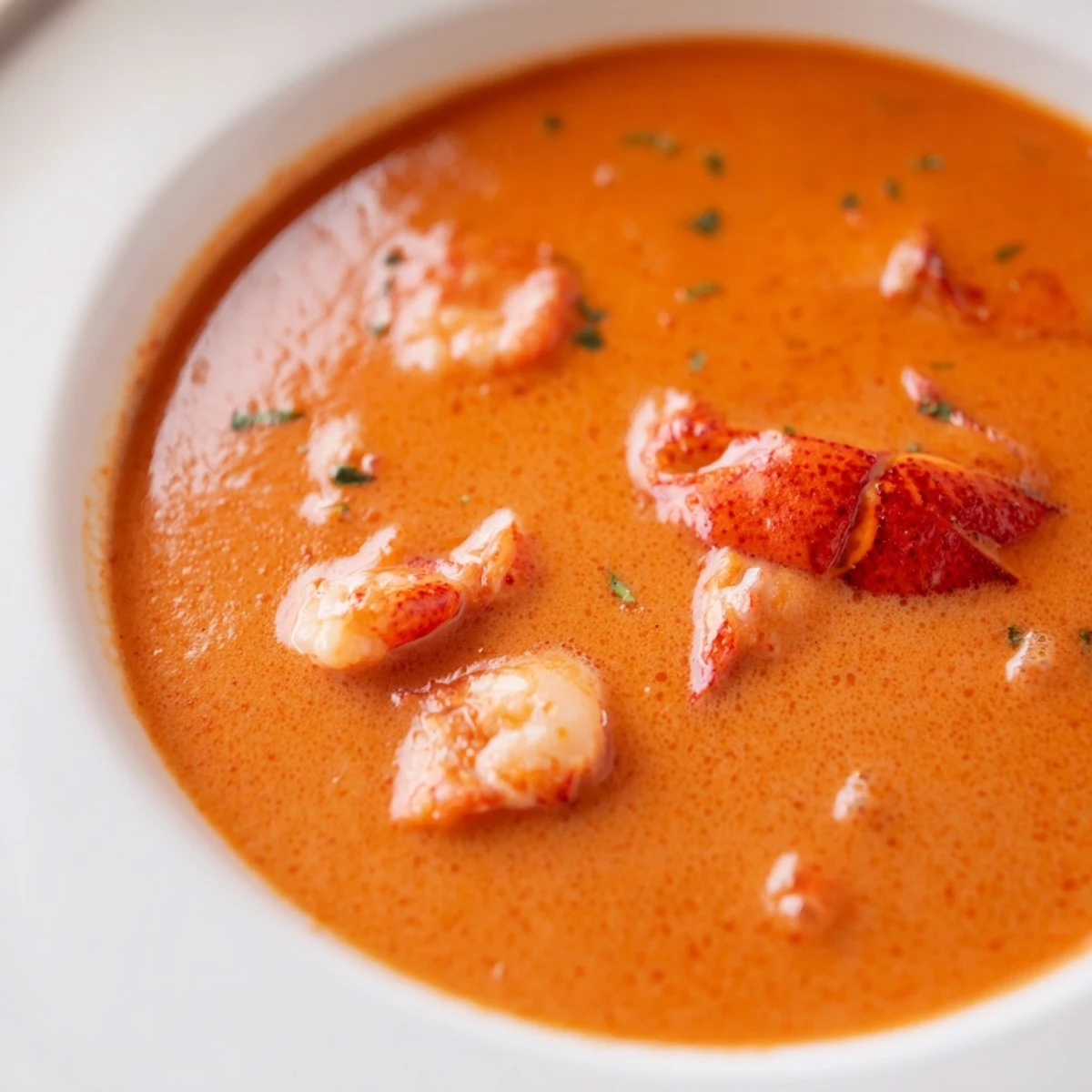 Creamy Gordon Ramsay lobster bisque served in white bowl with fresh tarragon garnish