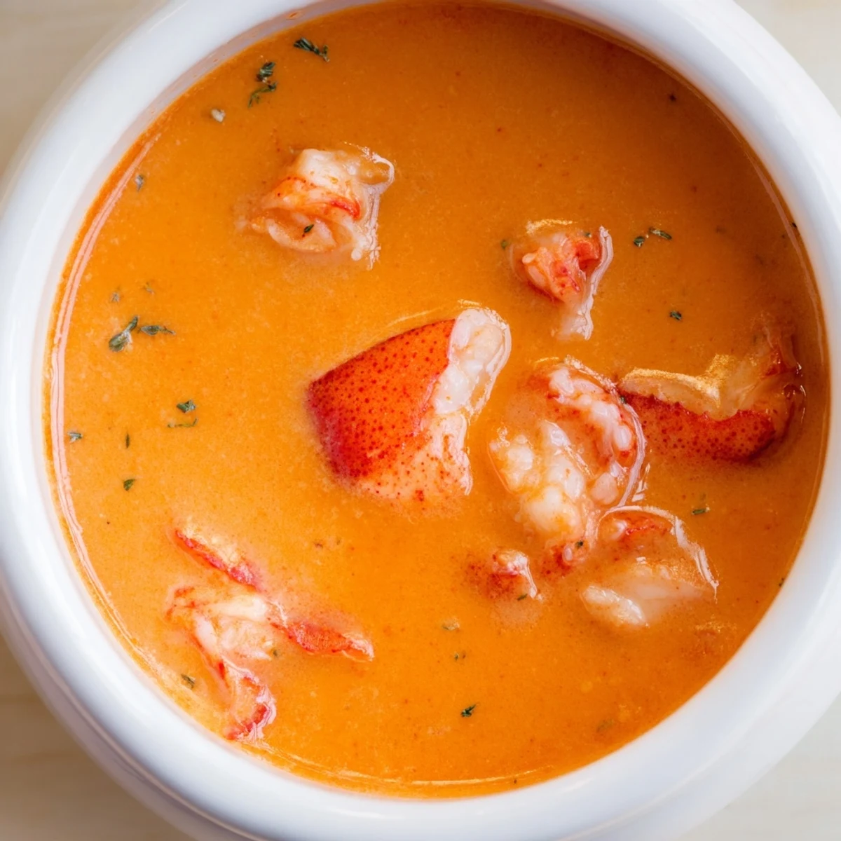 Rich orange Gordon Ramsay lobster bisque ladled into bowl with floating lobster meat pieces