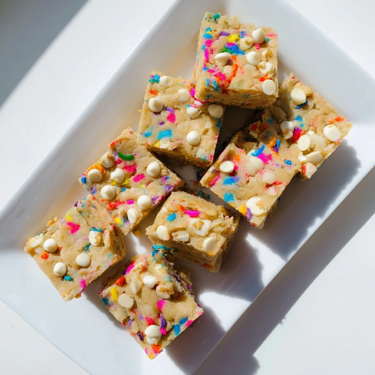 Buttery square blondie studded with colorful sprinkles and white chocolate chips