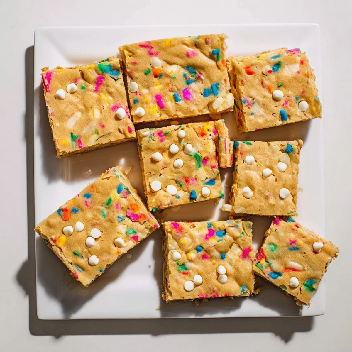 Golden Spring Funfetti Blondies topped with rainbow sprinkles on a white plate