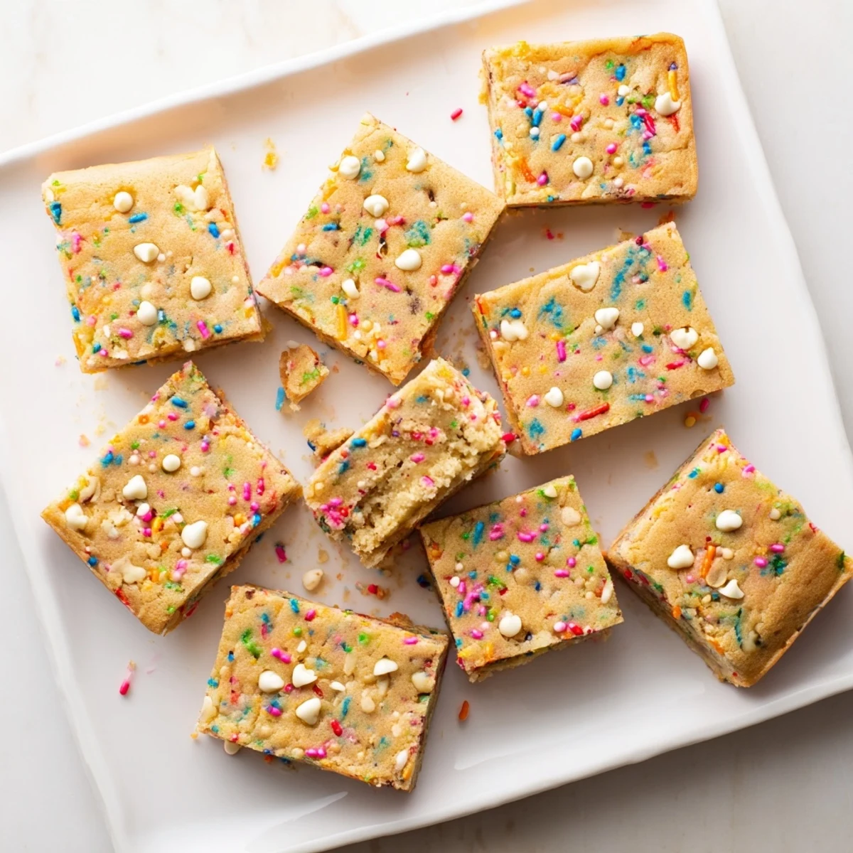 Festive Spring Funfetti Blondies cut into squares with vibrant confetti sprinkles