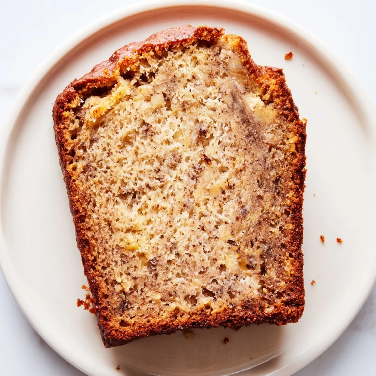 Golden brown best ever banana bread loaf with a cracked top on wooden board