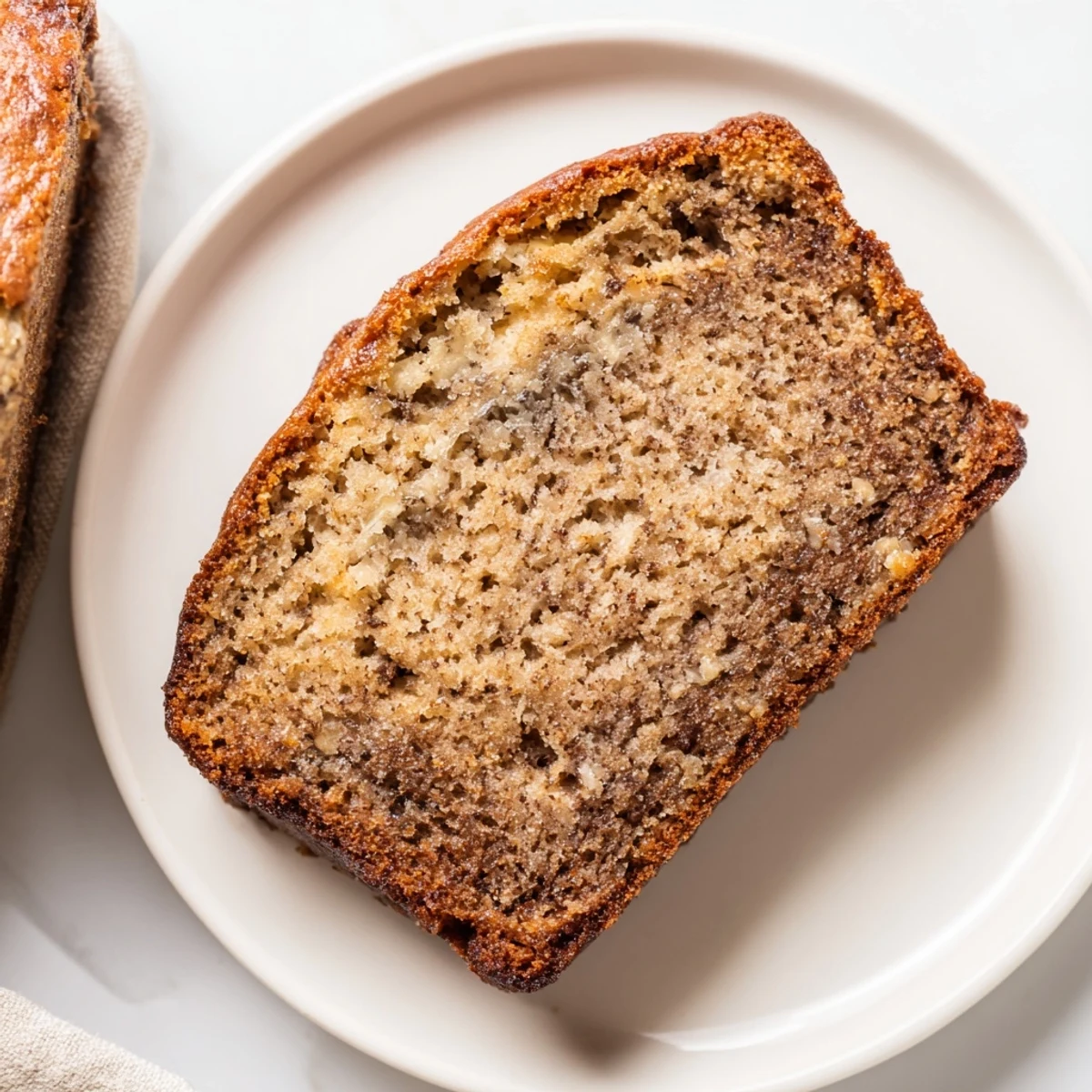 Thick slice of moist best ever banana bread served on white plate