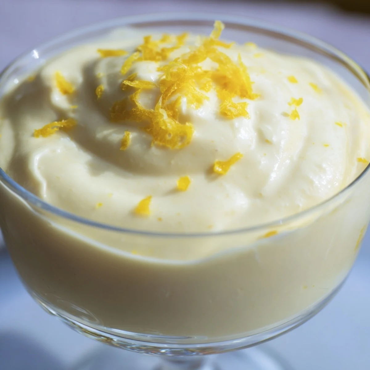 Individual glasses of tangy lemon cheesecake mousse layered with vanilla cream and lemon curd swirls