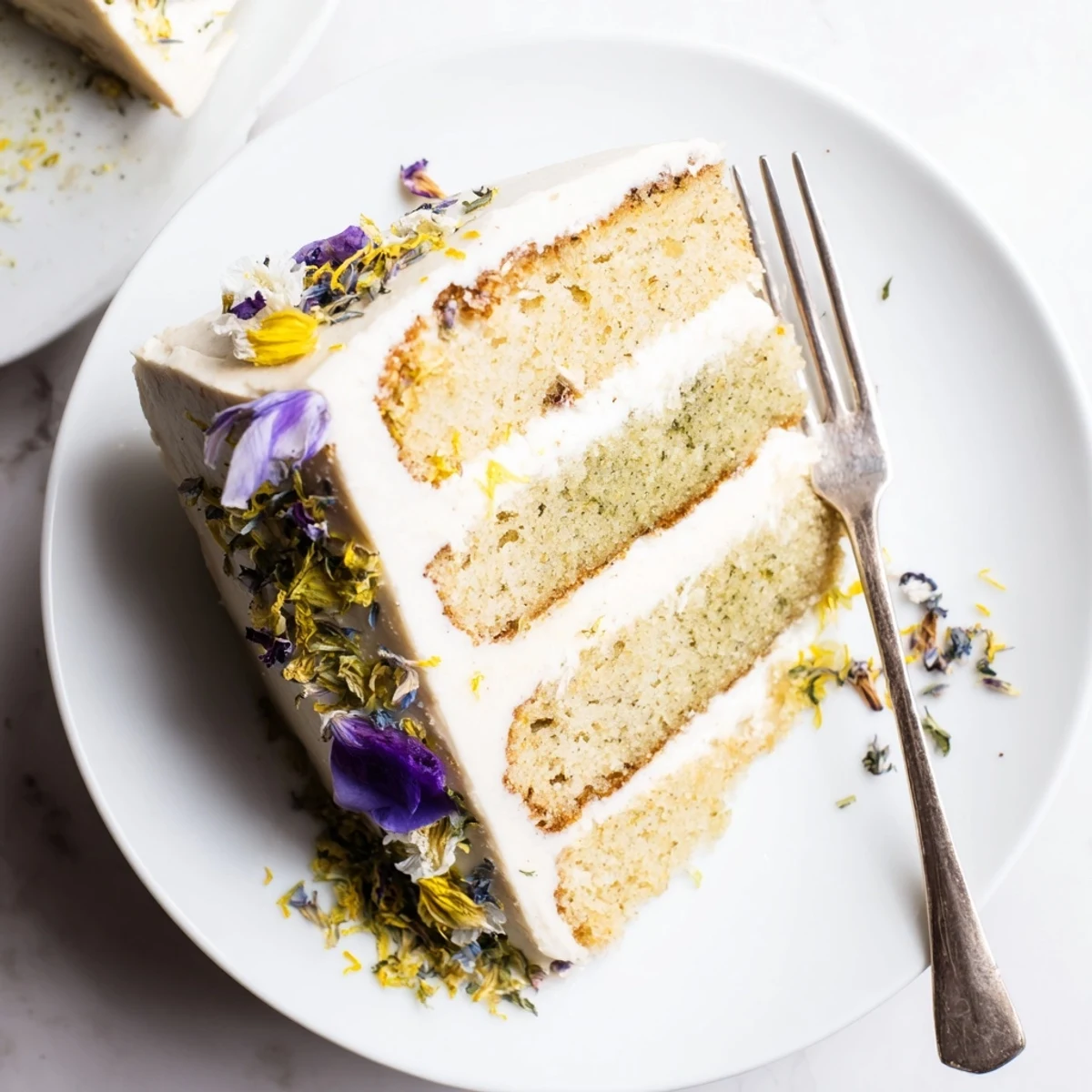 Moist Earl Grey infused London Fog cake drizzled with tea syrup and white frosting