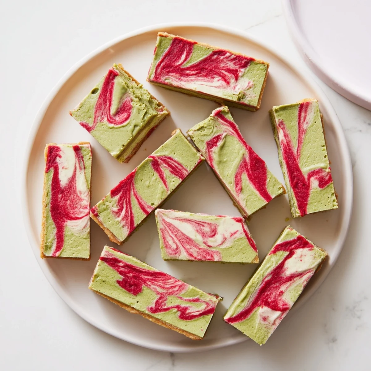 Fresh matcha strawberry cream bars sliced into squares showing layered green base and pink marbled topping