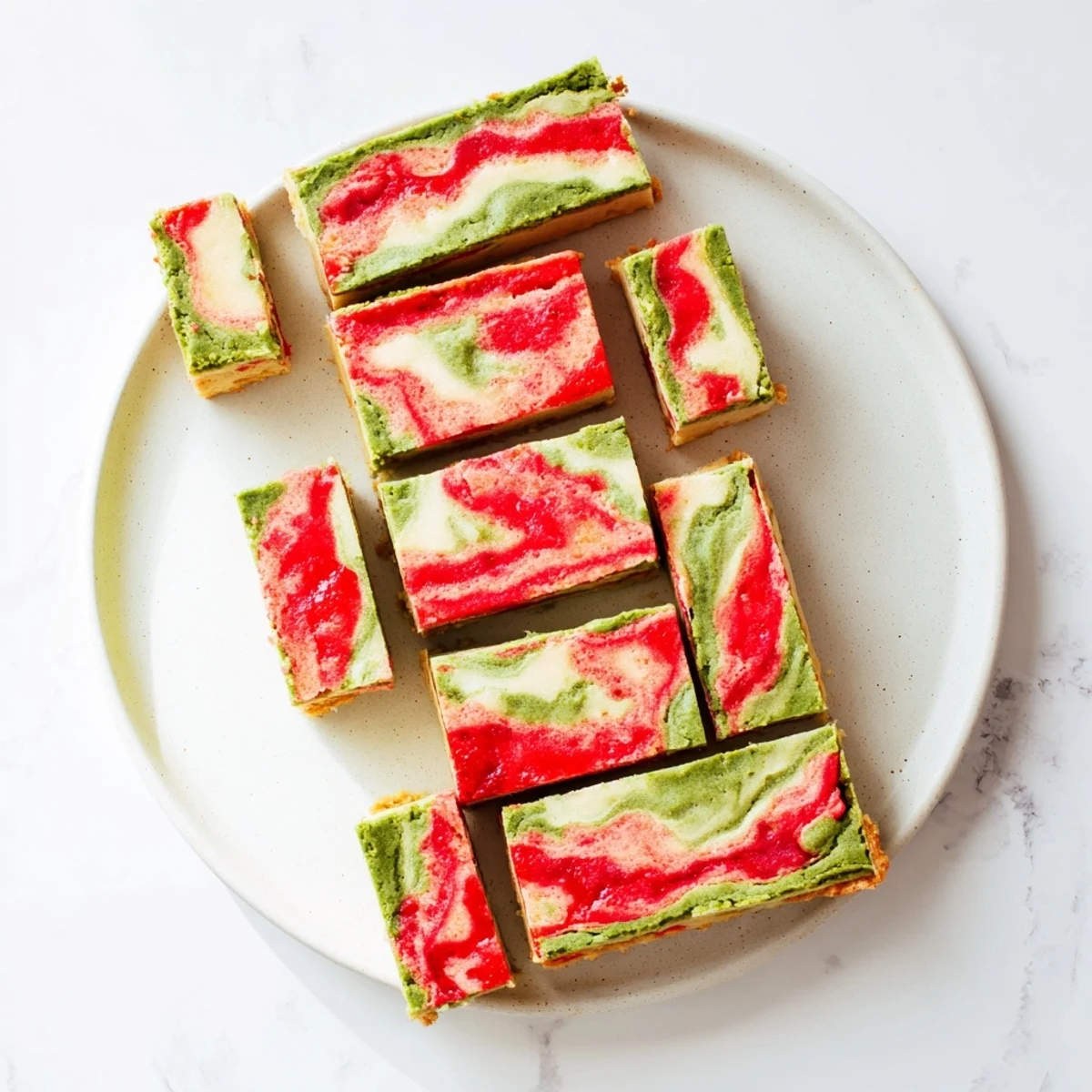 Golden matcha shortbread bars topped with creamy vanilla filling and vibrant red strawberry swirl