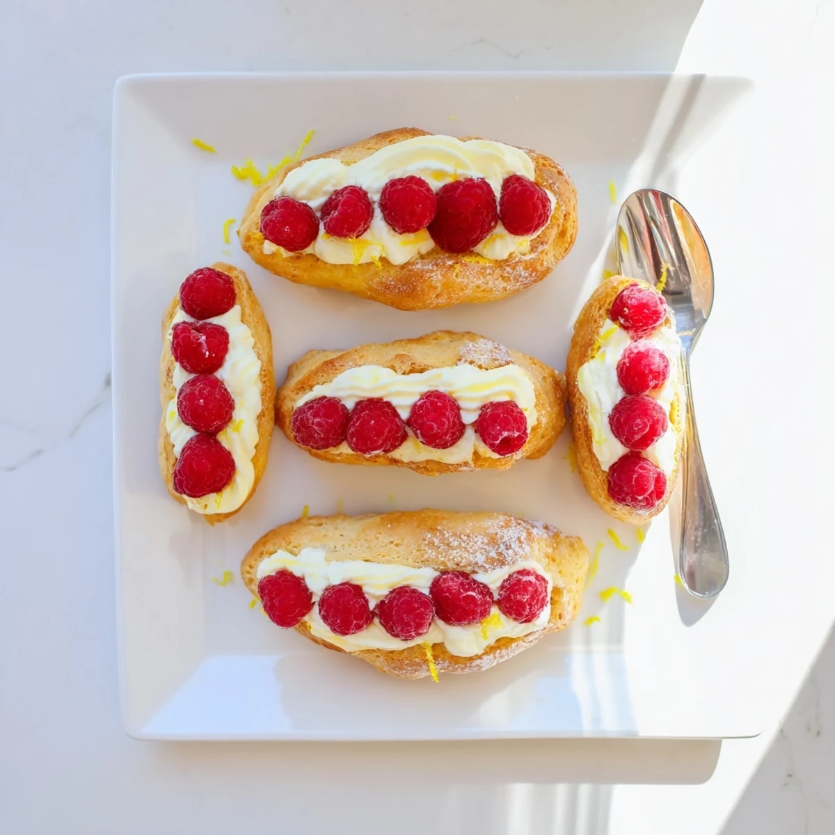 Golden lemon raspberry éclairs filled with tangy lemon cream and topped with fresh raspberries