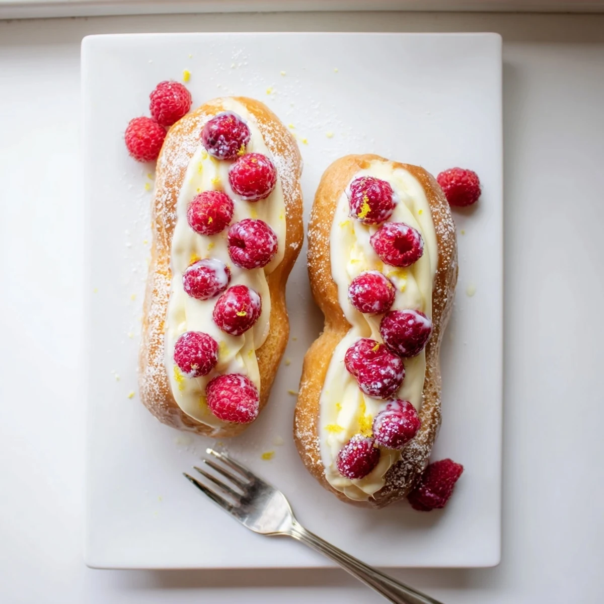 Delicate French pastry éclairs split open revealing fluffy lemon cream and vibrant red raspberries