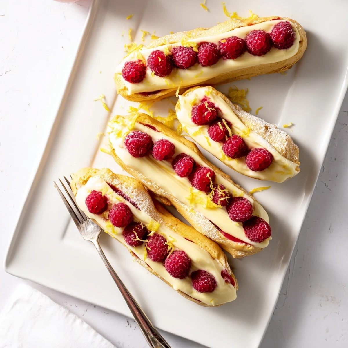Elegant lemon raspberry éclairs drizzled with sweet lemon glaze on a white serving plate
