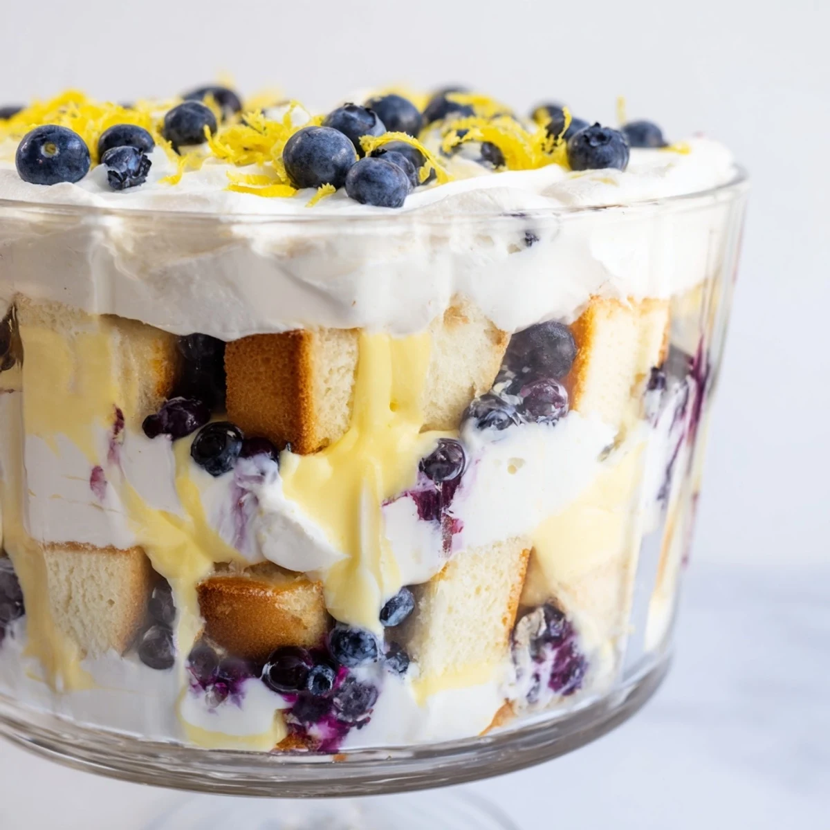 Easy Lemon Blueberry Trifle dessert displaying alternating layers of bright lemon curd, fluffy whipped cream, and juicy berries