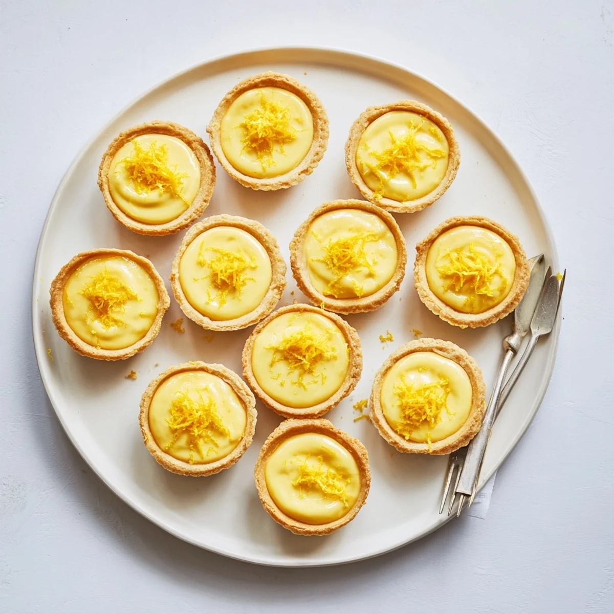 Golden mini vegan lemon tarts with creamy coconut lemon curd filling in crisp pastry shells