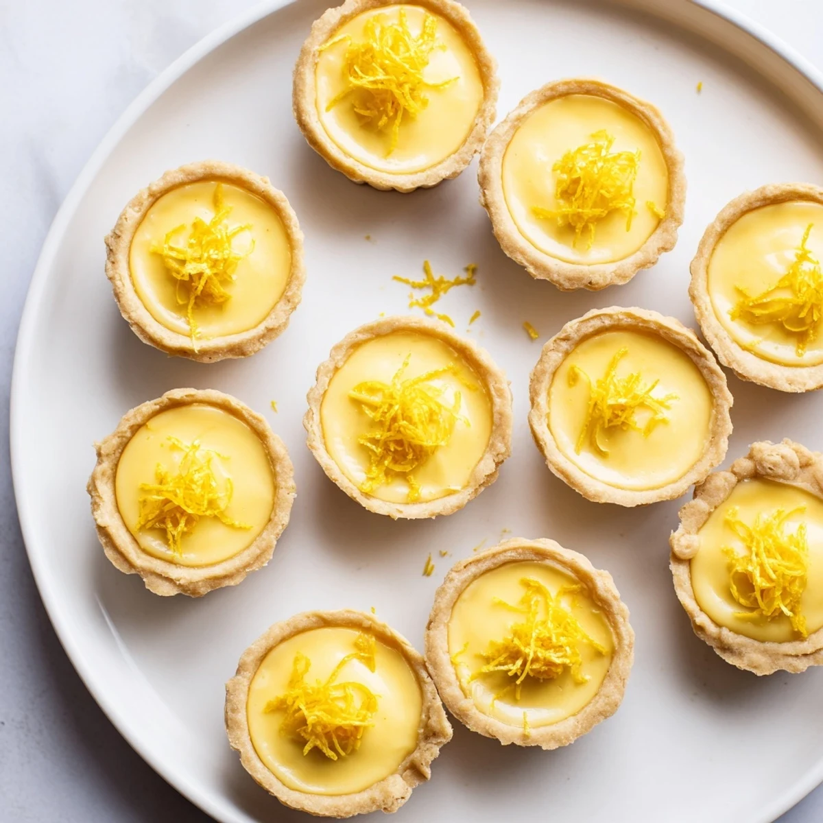 Twelve dairy-free mini lemon tarts with bright yellow custard filling in flaky golden crusts