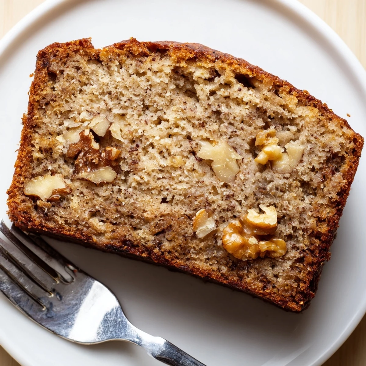 Golden brown ultimate banana nut bread loaf studded with toasted walnuts on a wooden cutting board
