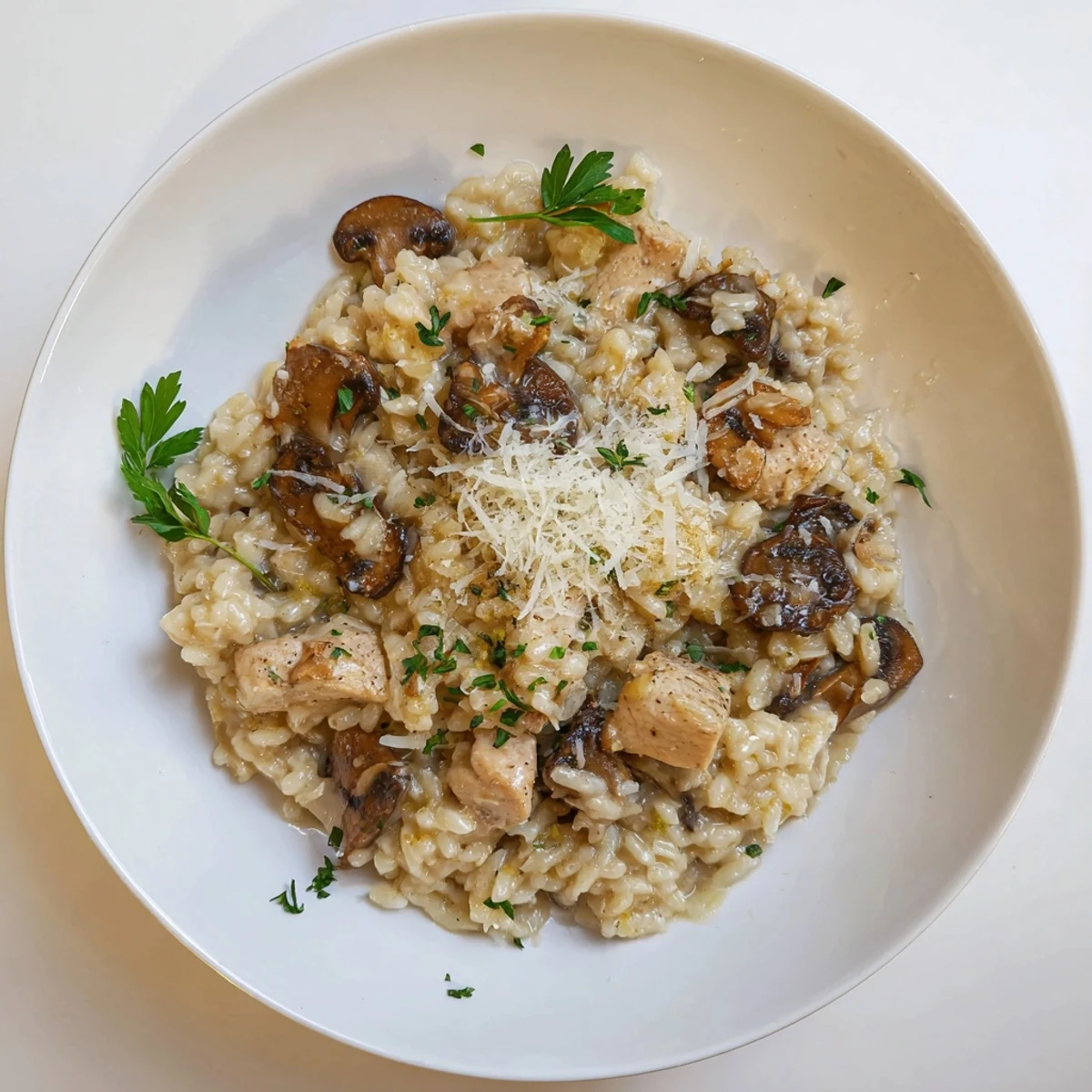 Golden chicken and mushroom baked risotto with creamy Arborio rice and freshly grated Parmesan cheese