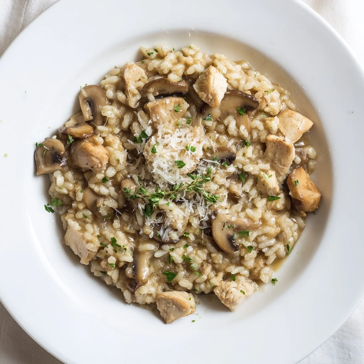 Oven-baked chicken and mushroom risotto featuring tender diced chicken and earthy sliced cremini mushrooms