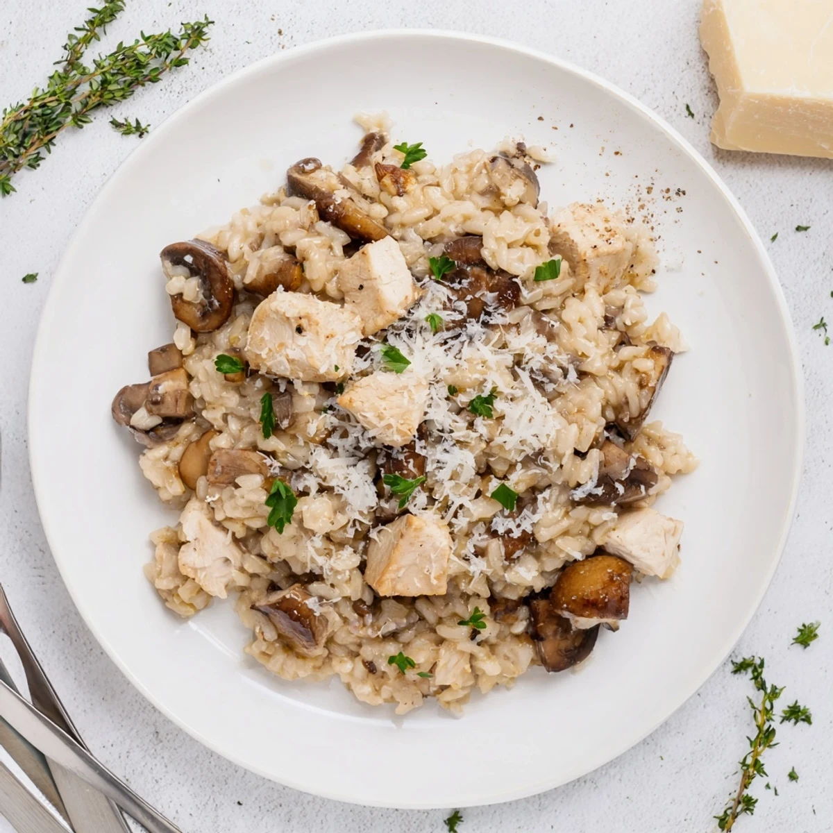 Spoonful of creamy chicken and mushroom baked risotto topped with green parsley and white Parmesan shavings