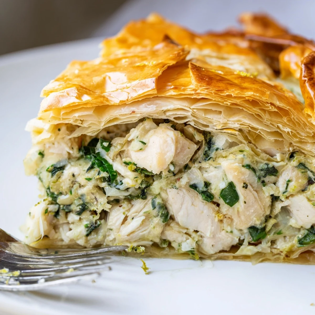 Golden rustic chicken ricotta and herb pie fresh from oven with flaky golden pastry crust