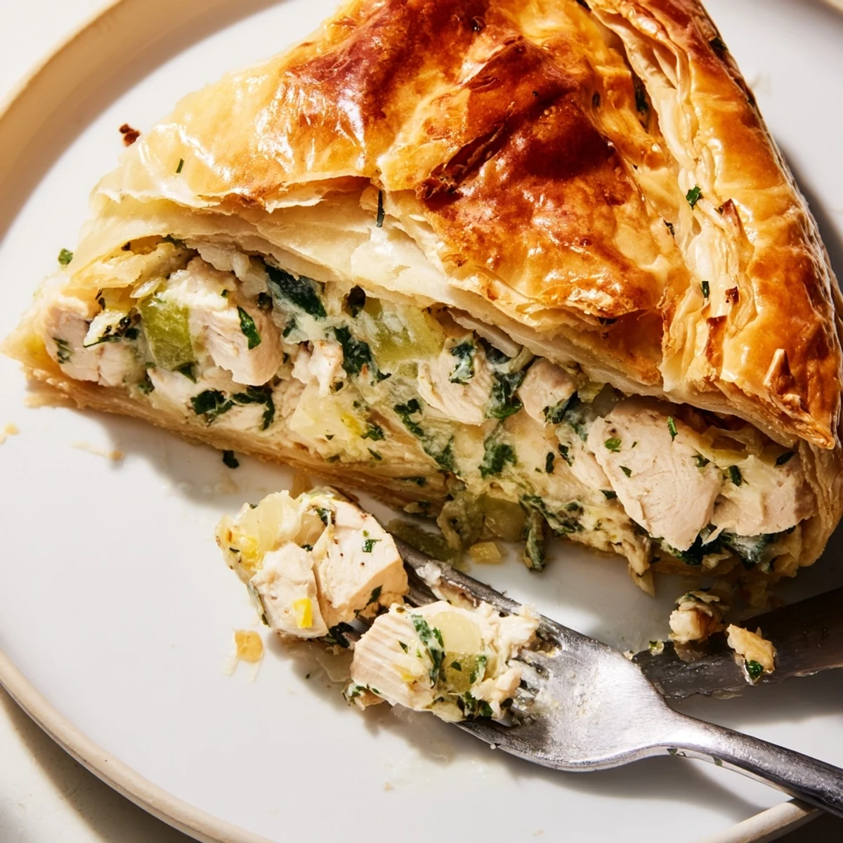 Sliced wedge of chicken ricotta and herb pie showing creamy filling with fresh green herbs