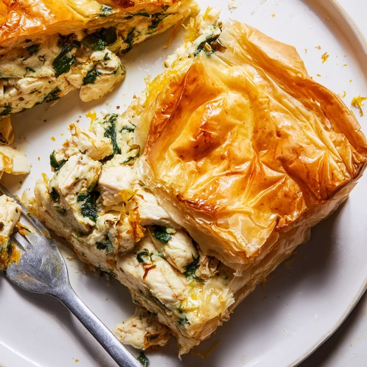 Whole baked chicken ricotta and herb pie with steam rising from golden flaky crust