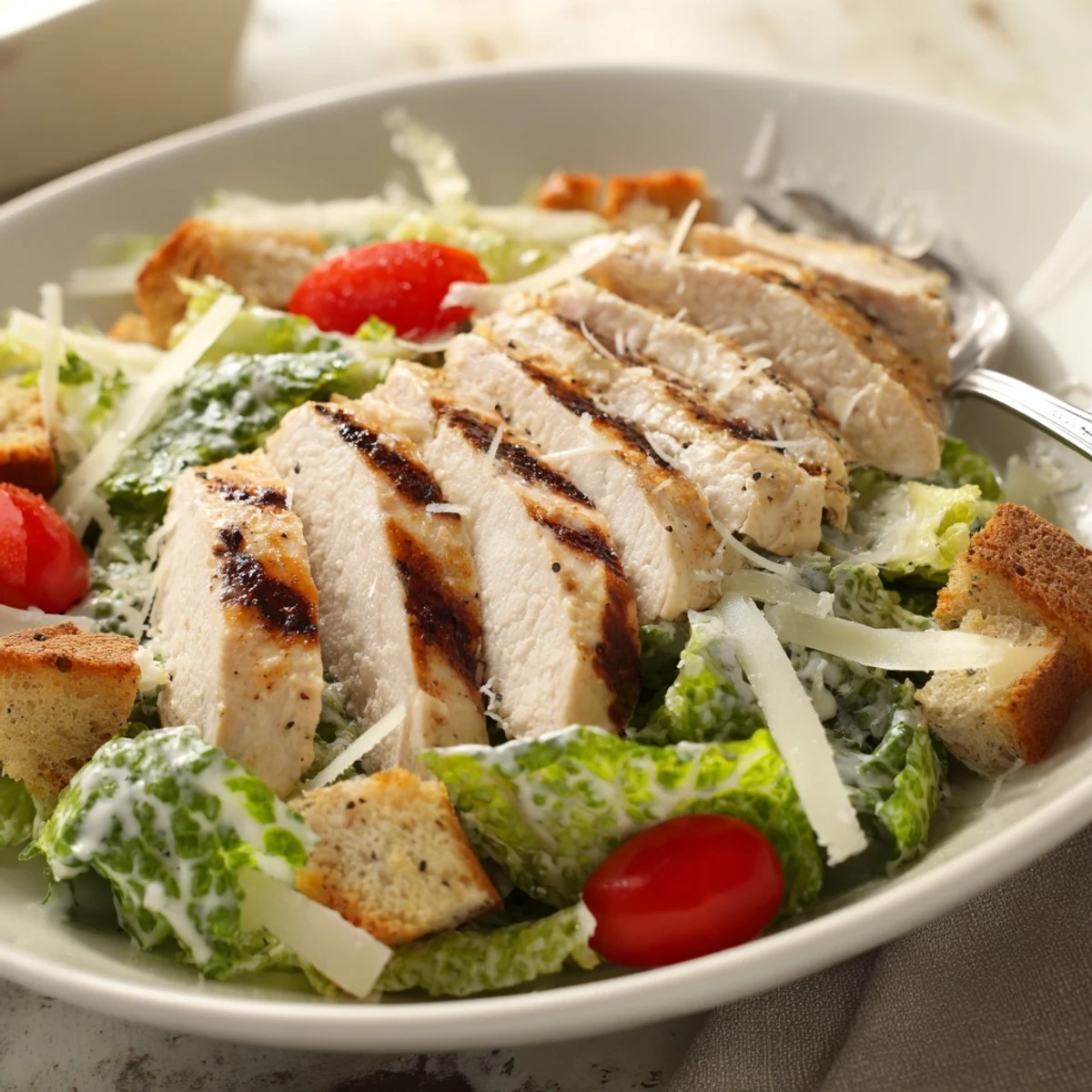 Golden grilled chicken breast slices resting over crisp romaine lettuce with homemade Caesar dressing