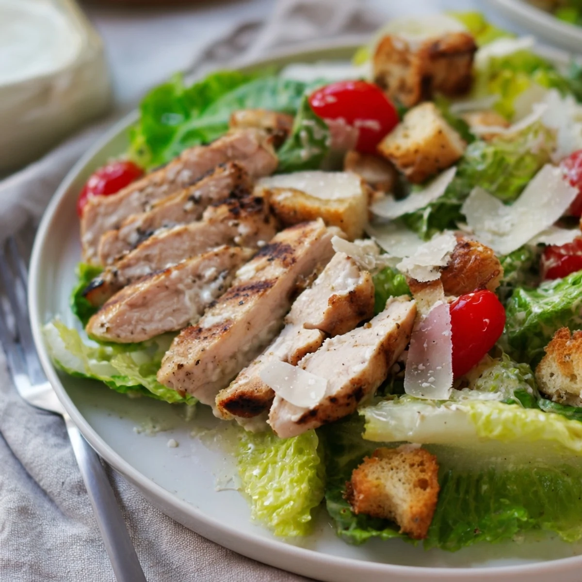 Fresh chicken Caesar salad bowl topped with juicy grilled strips and crunchy Parmesan croutons